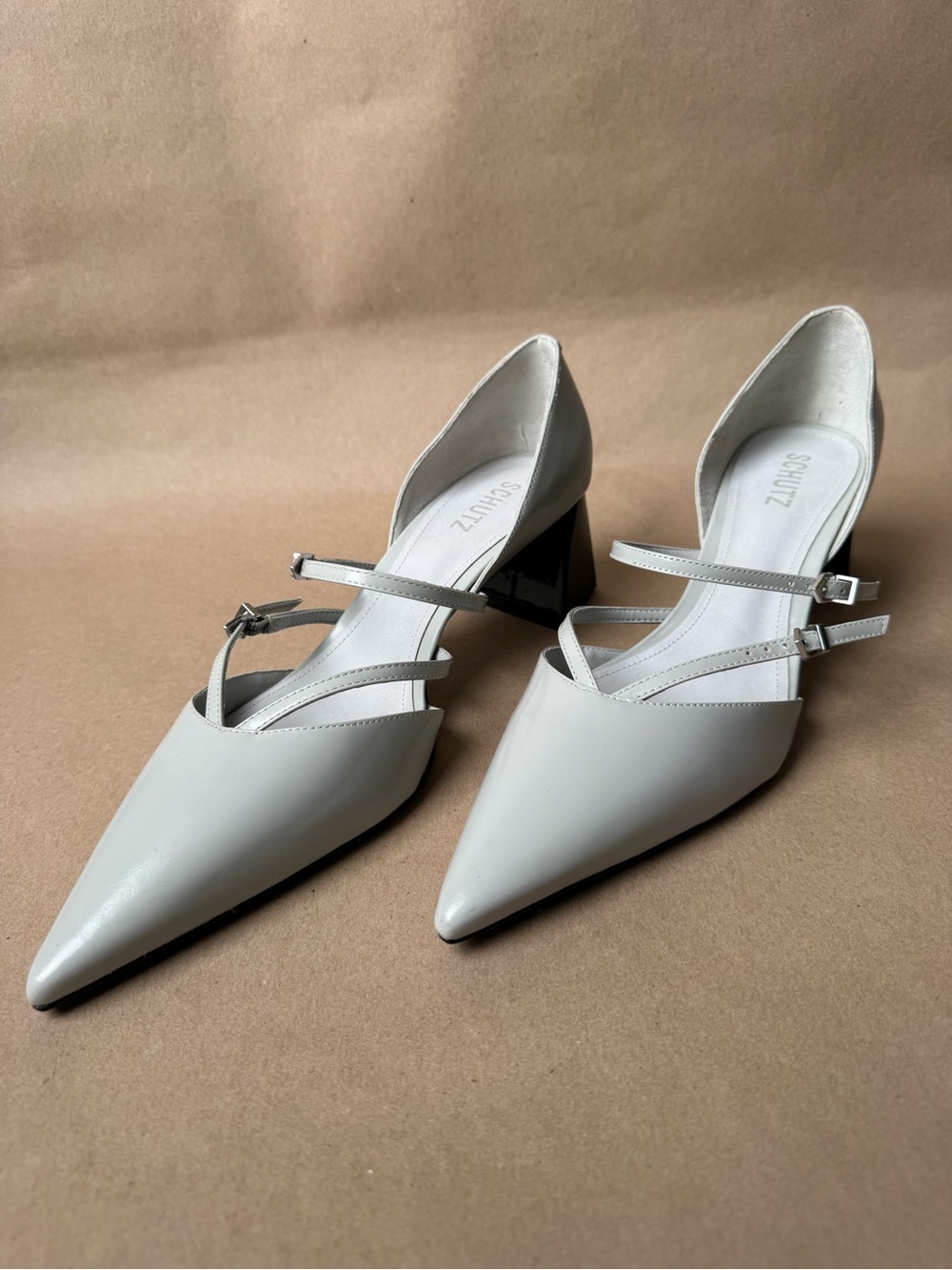 Schutz Rue Pointed Toe Strappy Block Heel Pump Cloud Gray Light Blue 10 EUR 42